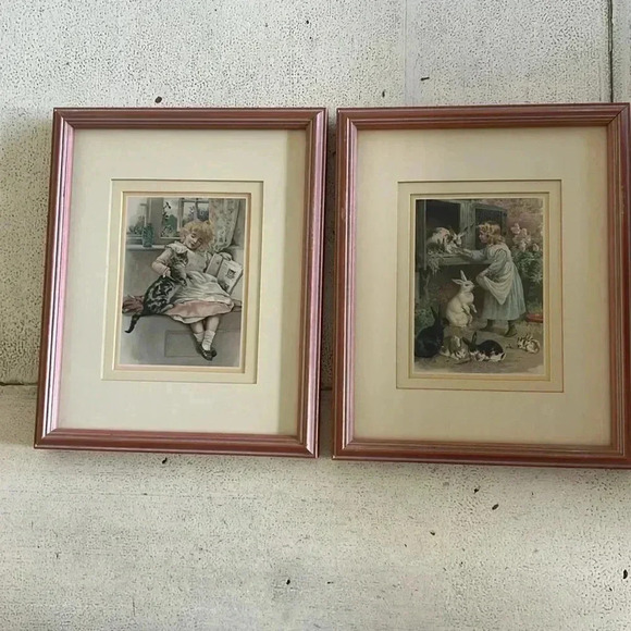 Vintage Set of 2 Pink Framed Matted Pictures Of Little Girl With Animals - Picture 1 of 10